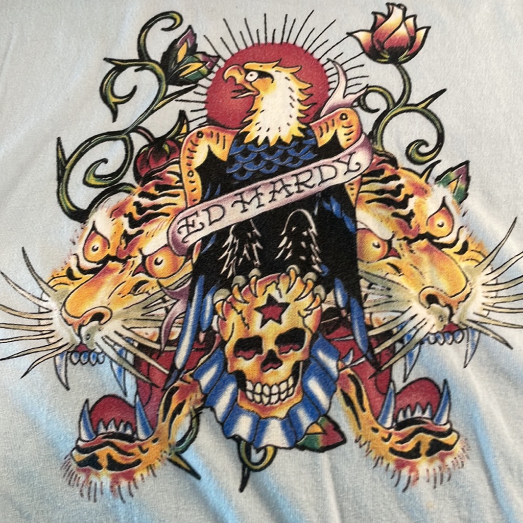 Ed Hardy Christian Audigier T-Shirt 100% Cotton Eagle Skull Tigers Blue Size M